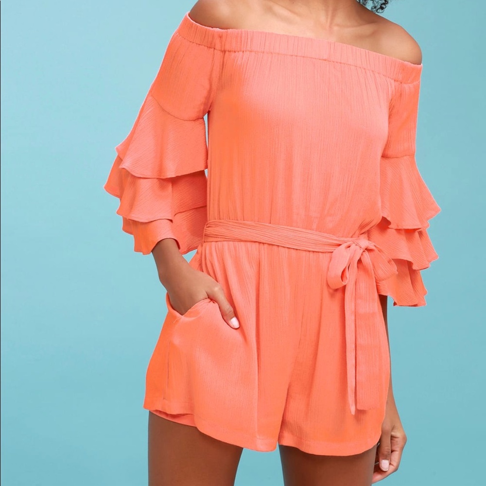 CORAL ORANGE OFF SHOULDER FLOUNCE SLEEVE ROMPER